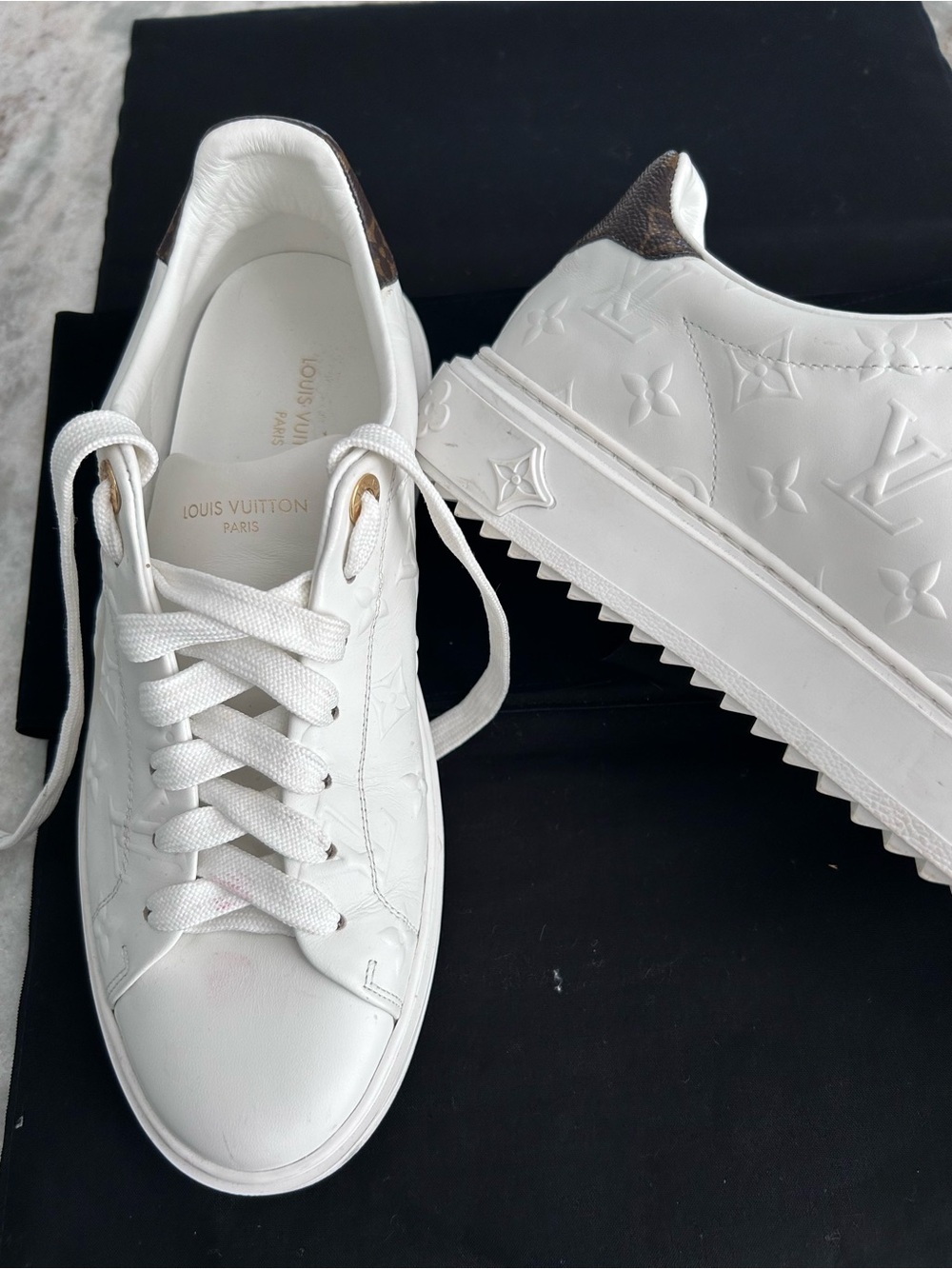 Louis Vuitton White Leather Monogram Sneakers withClassic Signature Heel